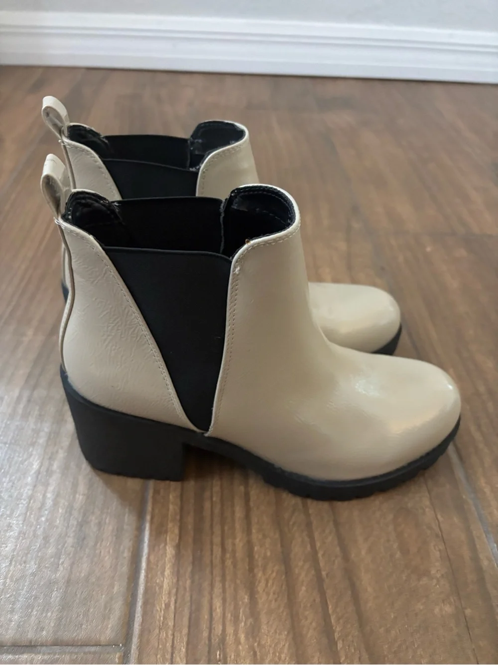 Dirty Laundry Cream Patent Chelsea Booties with Black Sole